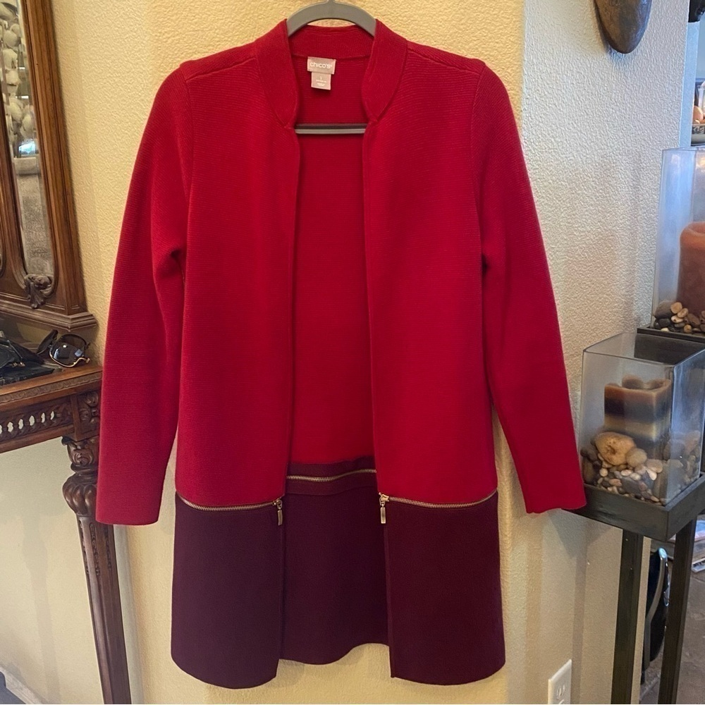 CHICO’S Women Red Purple Zipper Detailing Open Long Cardigan Size 1-M/8-Altered
